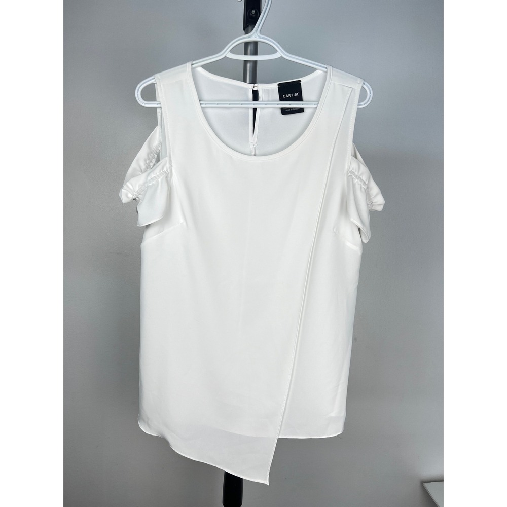 Cartise White Cold Shoulder Asymmetrical Wrap Blouse Ruffle Sleeve Size 8 810308 - Picture 1 of 6
